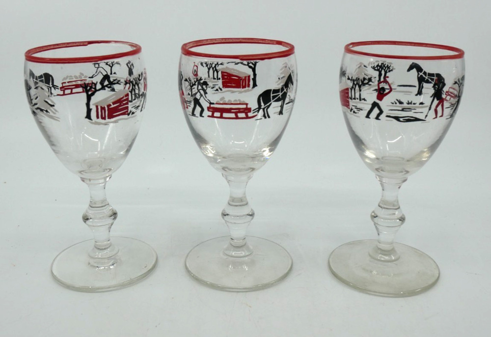 3 VTG Libbey Cordial Glasses Winter Farm Scene Currier Ives